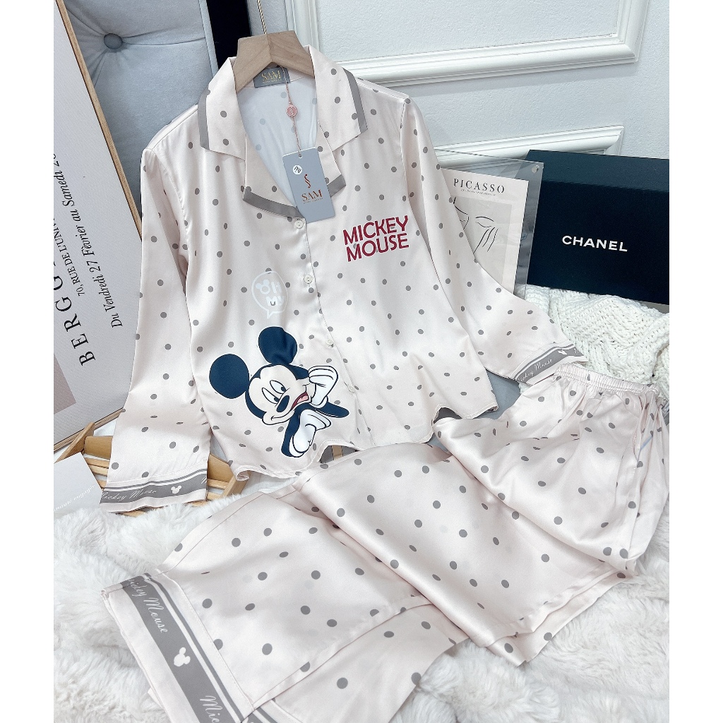 Set lụa Luxury SAM cao cấp,  kiểu dáng áo dài quần dài, họa tiết hình mickey dễ thương tinh tế, chất mềm thoáng mát