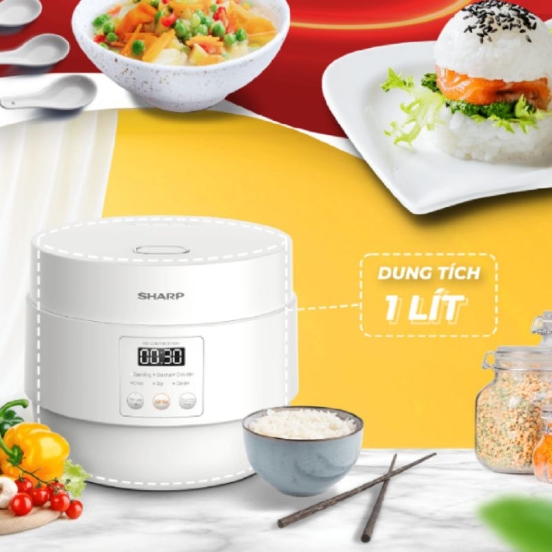 Nồi Cơm Điện Sharp KS-COM100DV-WH 1L 600W [Hẹn giờ, mâm nhiệt 3D, 6 chức năng nấu]