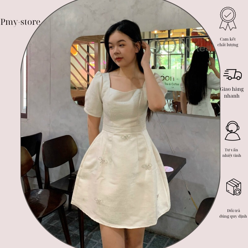 Đầm Taffta đính nơ đá tay bồng tiểu thư thiết kế cao cấp