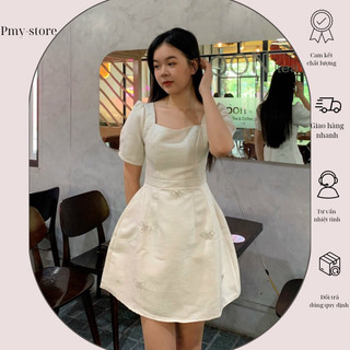 [PMY]Đầm Taffta đính nơ đá tay bồng tiểu thư thiết kế cao cấp