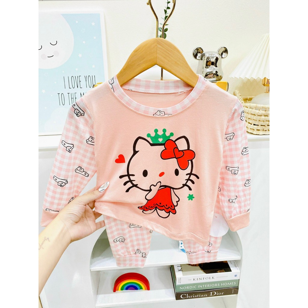 Bộ dài tay vải thun lạnh hình in đáng yêu phối sọc mềm, mịn, mát cho bé trai, bé gái