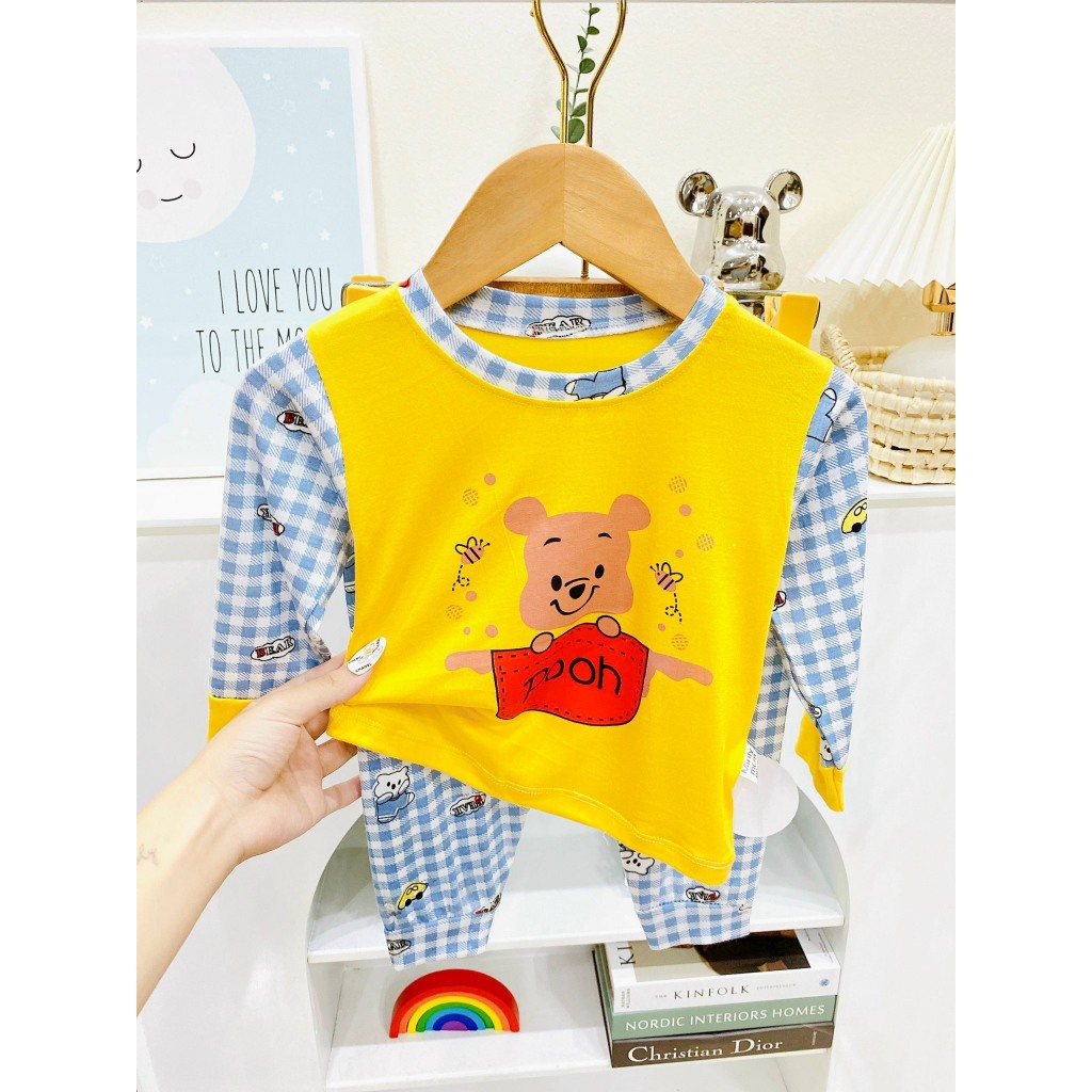 Bộ dài tay vải thun lạnh hình in đáng yêu phối sọc mềm, mịn, mát cho bé trai, bé gái