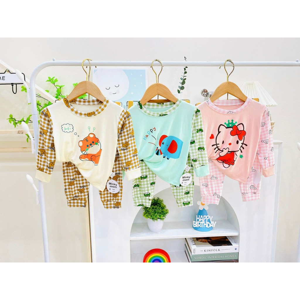 Bộ dài tay vải thun lạnh hình in đáng yêu phối sọc mềm, mịn, mát cho bé trai, bé gái