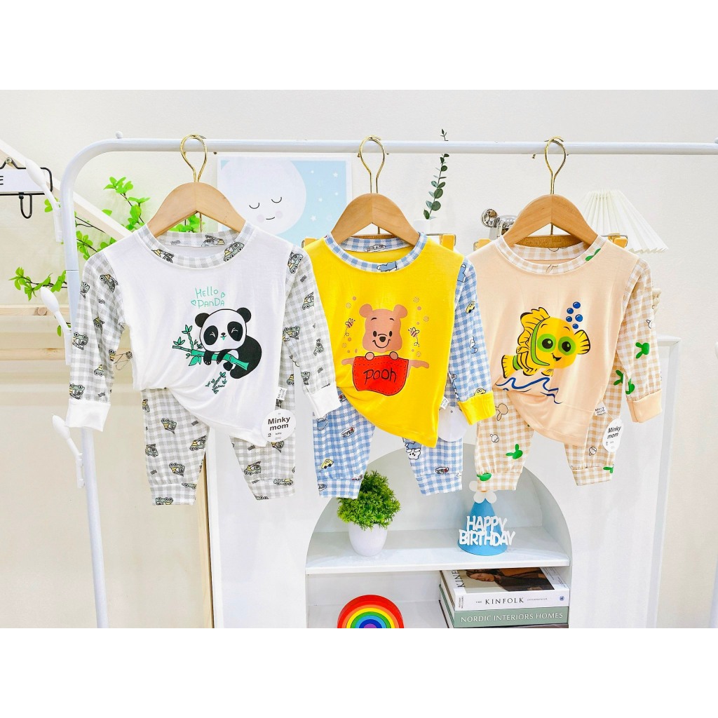 Bộ dài tay vải thun lạnh hình in đáng yêu phối sọc mềm, mịn, mát cho bé trai, bé gái