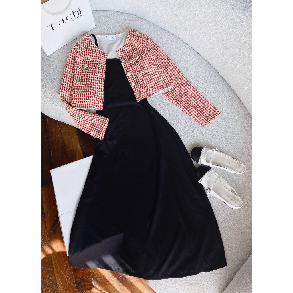 SET H67 ĐẦM MIDI  ĐEN 2S KÈM KHOÁC CROP DẠ CARO ĐỎ