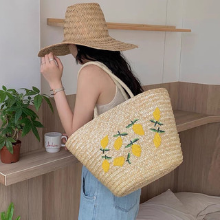 Tui cói đan tay thêu hoa vàng đeo vai phong cách Vintage Túi cói size to