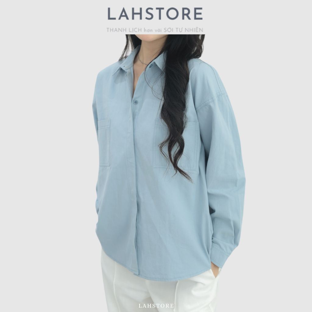 Áo sơ mi nữ form rộng tay dài trễ vai LAHSTORE chất thô premium thiết kế hai túi ngực trẻ trung