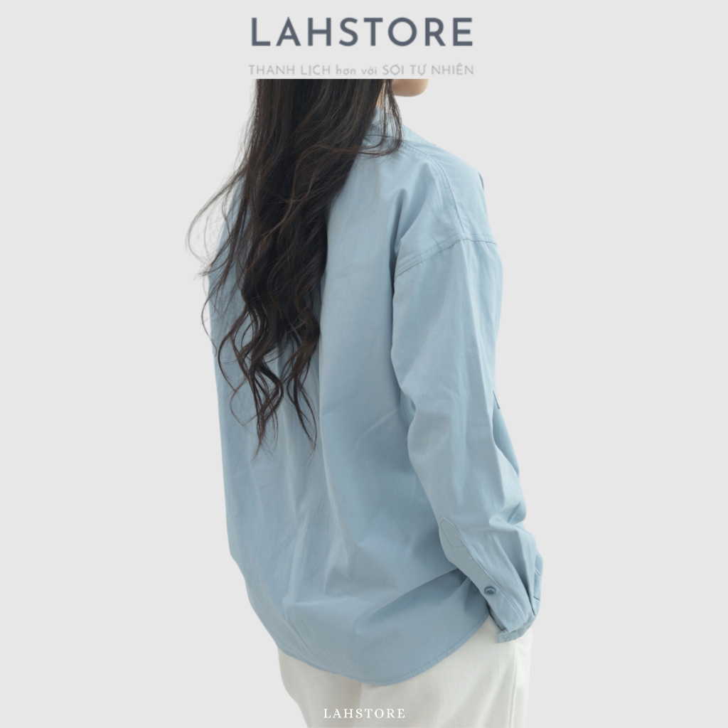 Áo sơ mi nữ form rộng tay dài trễ vai LAHSTORE chất thô premium thiết kế hai túi ngực trẻ trung