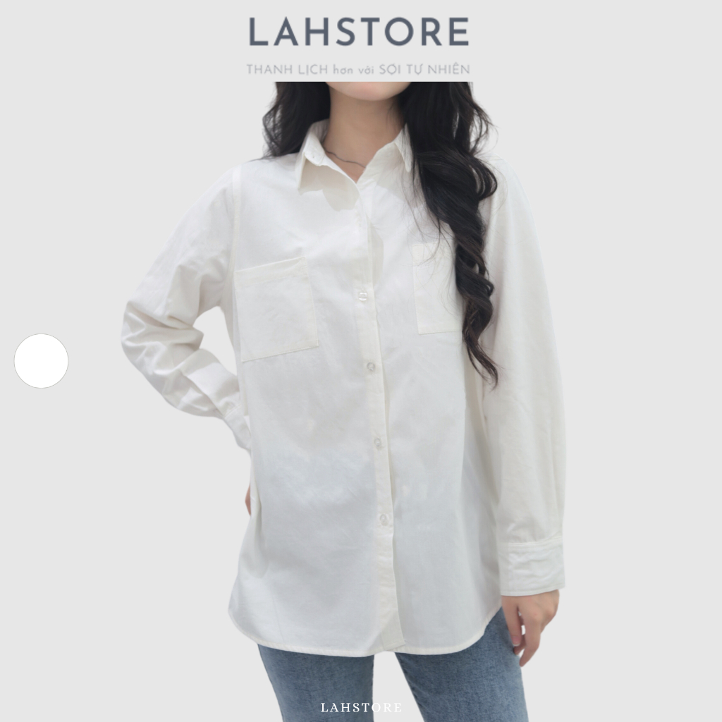 Áo sơ mi nữ form rộng tay dài vải thô, cổ đức 2 túi ngực, lưng 3 mảnh LAHSTORE (Trắng)