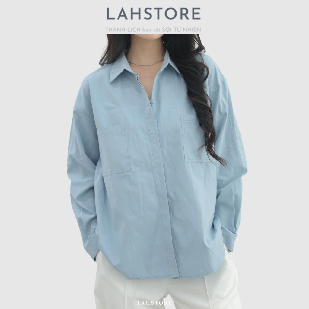 Áo sơ mi nữ form rộng tay dài trễ vai LAHSTORE chất thô premium thiết kế hai túi ngực trẻ trung