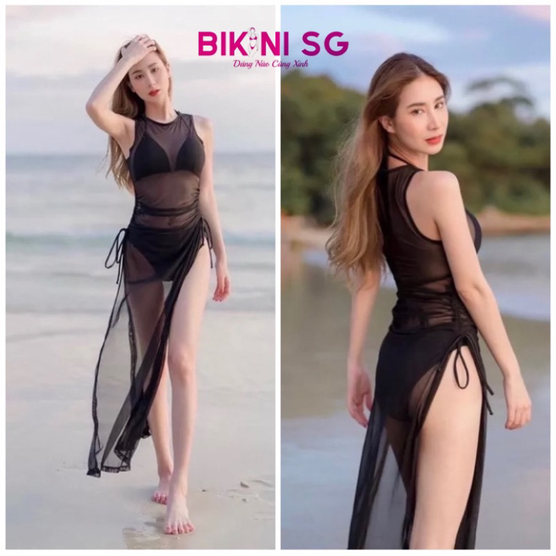 Áo choàng lưới xẻ tà phối cùng bikini