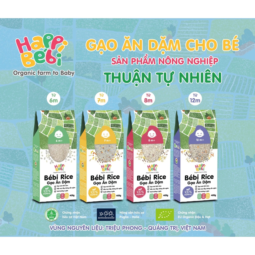 Gạo ăn dặm hữu cơ cho bé Happy Bebi Rice, gạo Nhật Japonica, gạo trắng ST25, gạo xát dối Hoa SữA