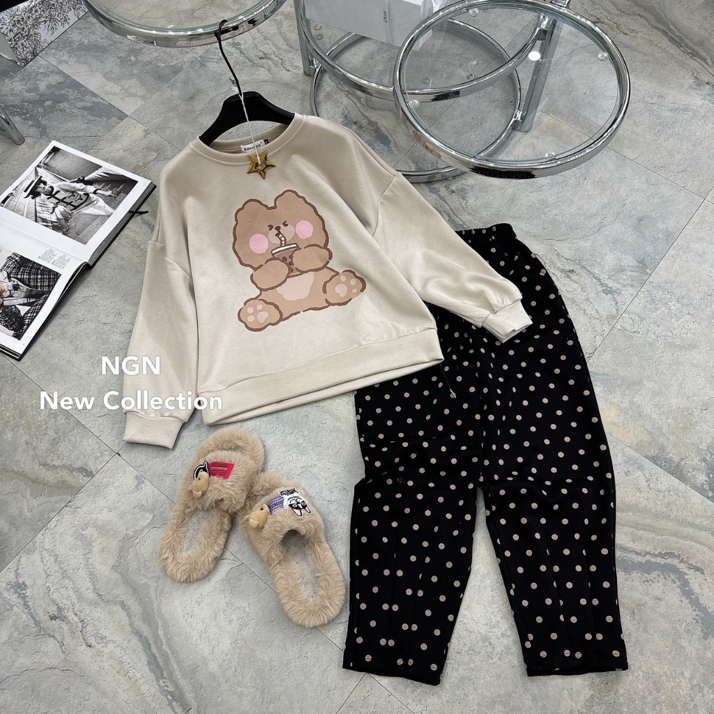 Sét áo nỉ gấu trà sữa +quần baggy đen chấm bi