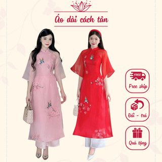 Áo dài truyền thống nữ màu đỏ và hồng thiết kế cổ tàu, tay áo xoè điệu đà - CT11