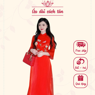 Áo dài cách tân nữ màu đỏ đính kết thủ công thiết kế cổ tàu tay lỡ duyên dáng - CT05