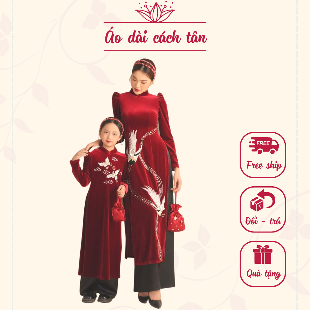 Áo dài cách tân thiết kế mẹ và bé gái thêu hạc trắng trên nền áo nhung đỏ sống động đầy rực rỡ - CT06