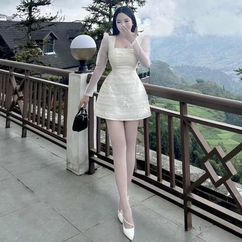 Váy Dạ Chân Tơ Xếp Ly Đính Nơ