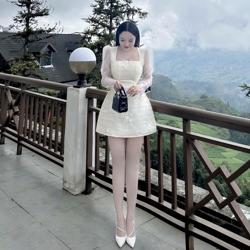 Váy Dạ Chân Tơ Xếp Ly Đính Nơ