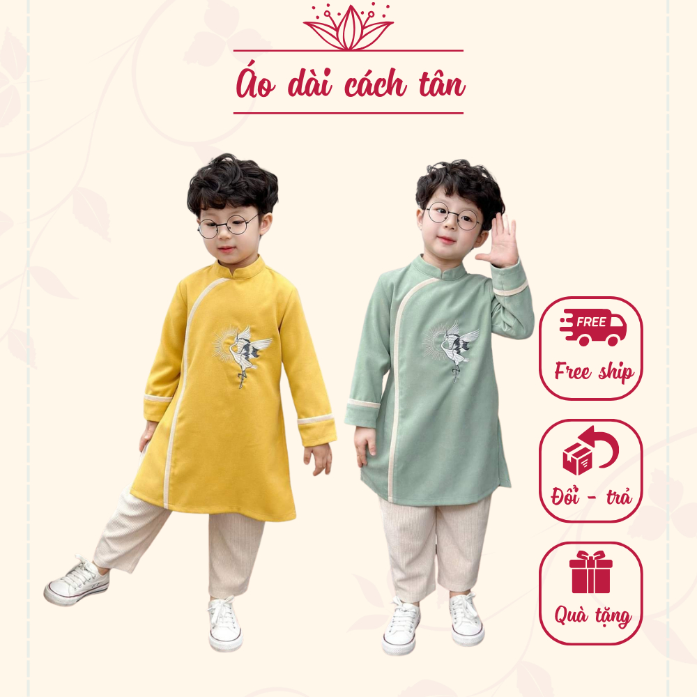 Áo dài cách tân bé trai vạt chéo phối màu thêu hoạ tiết rồng bắt mắt - CT25