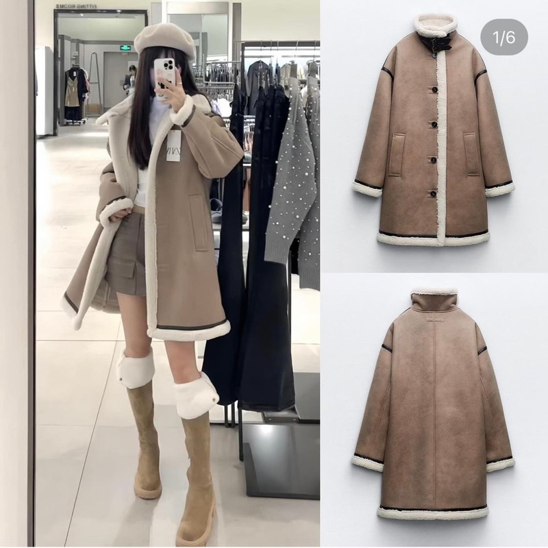 (sẵn) Áo khoác lông cừ tay dài cổ đứng 2 mặt ZARA xuất