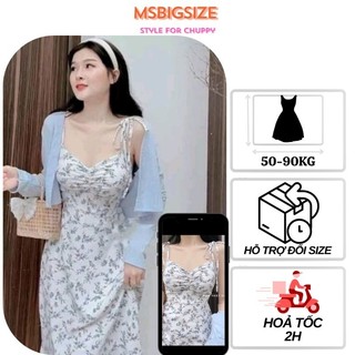 (50-95KG) ẢNH THẬT  MsBIGSIZE Set đầm 2s hoa D893  (Set đầm gồm đầm 2S kèm khoác cardigan)
