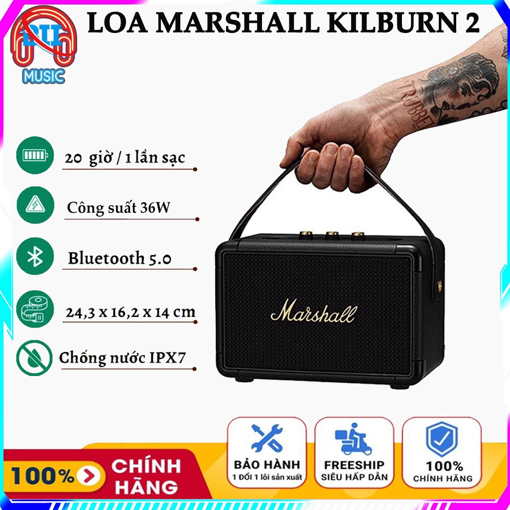 Loa marshall kilburn new 2023 công suất 36W pin 20h, Loa nghe nhạc bluetooth chống nước chuẩn IPX7 âm thanh siêu đỉnh