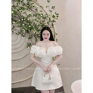 Đầm thời trang nữ dự tiệc sang trọng chất tapta trễ vai bèo ngực phối hoa đính cườm viền eo dáng váy dài xoè midi
