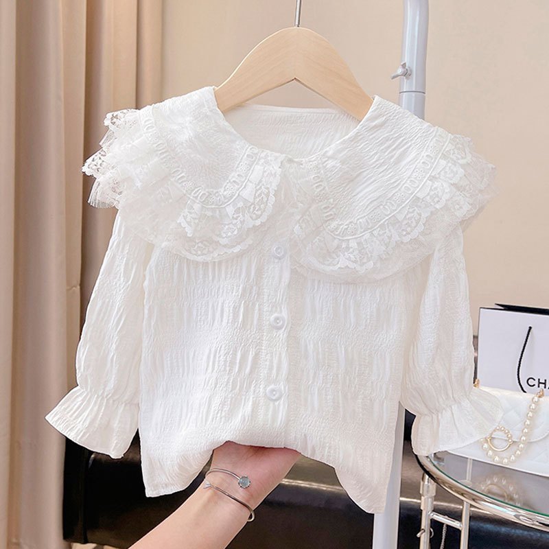 Áo sơ mi trắng dài tay thêu hoa dễ thương cho bé gái
