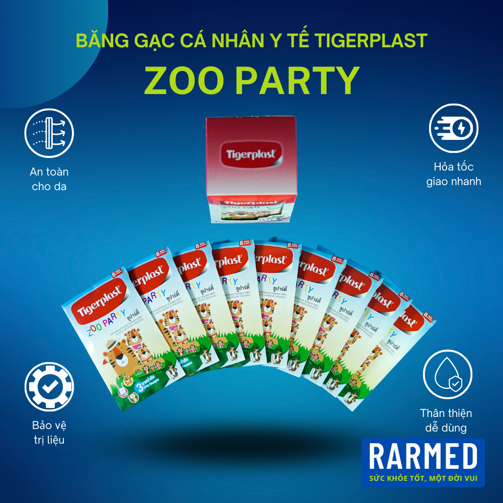 Băng cá nhân vết thương nhỏ Tigerplast Zoo Party - Hộp 8 miếng 19mm