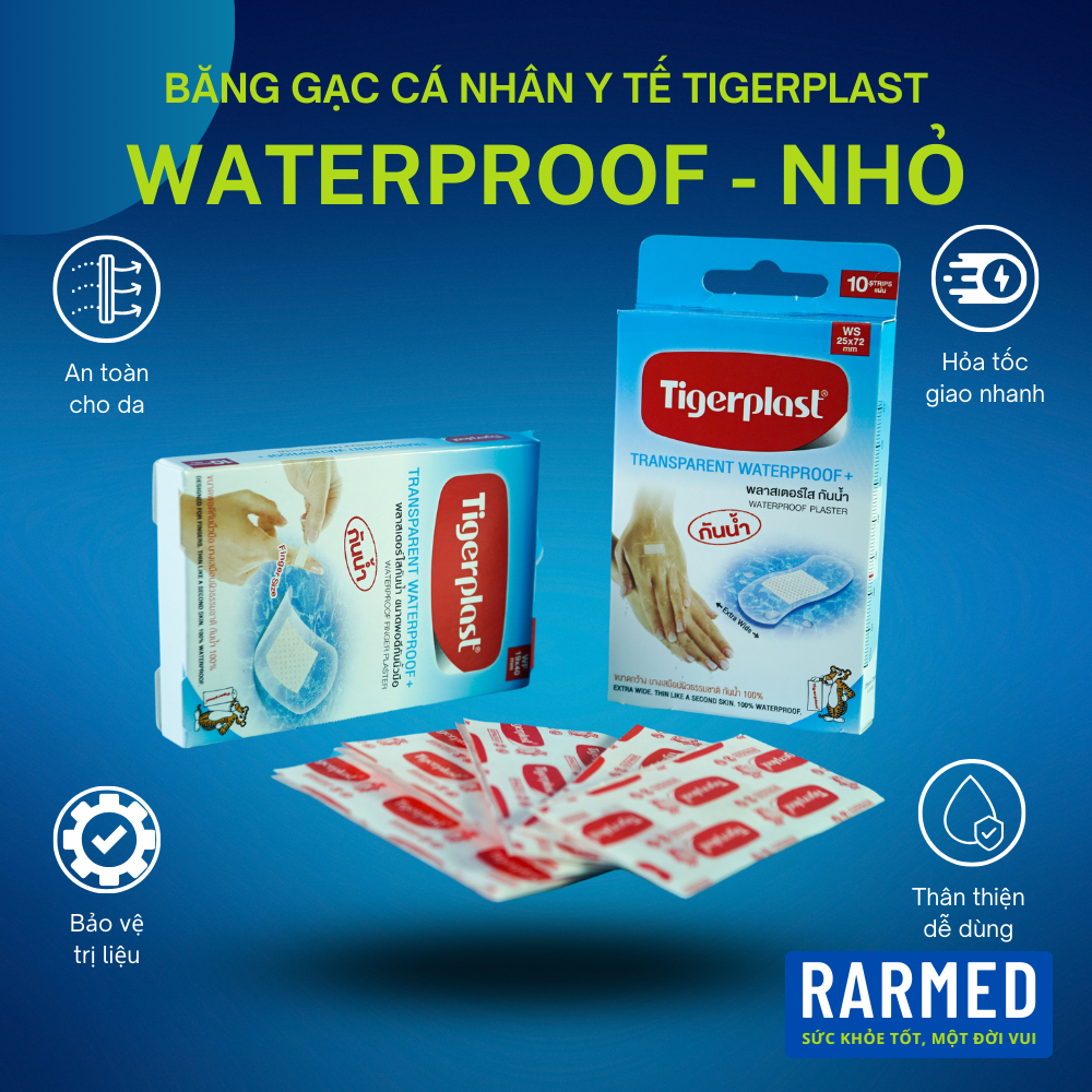 Băng gạc vết thương chống nước Tigerplast Waterproof siêu dính, trong suốt - Nhiều cỡ, tấm nhỏ