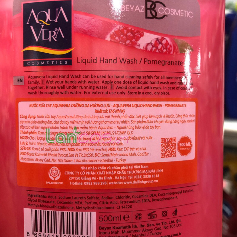 Nước Rửa Tay AQUAVERA Hương Lựu Đỏ 500ml