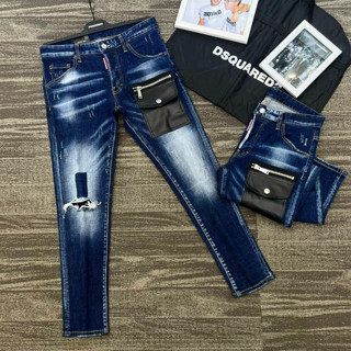 Quần Jean Nam DSQ Xanh Wash Bạc Bản Túi Da Khóa Zip Đùi Trước Quần Bò bản 4 Khuy Khắc Chữ