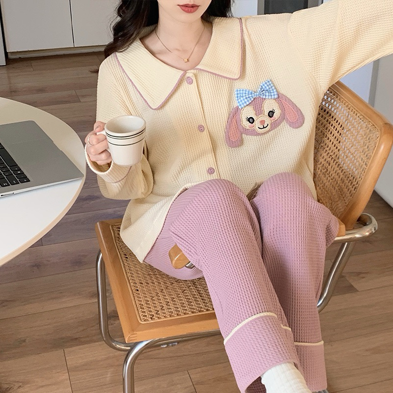 Bộ pyjama bộquần áo chất Waffle cổ bẻ bộ đồ ngủ tay dài chấtcotton thêu dễ thương thời trang xuân ,thu,đông cho nữ
