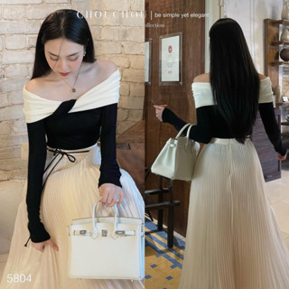 Set áo thun len đen tay dài trễ vai phối trắng + cv xoè maxi dập li |Kèm ảnh sàn thật💯