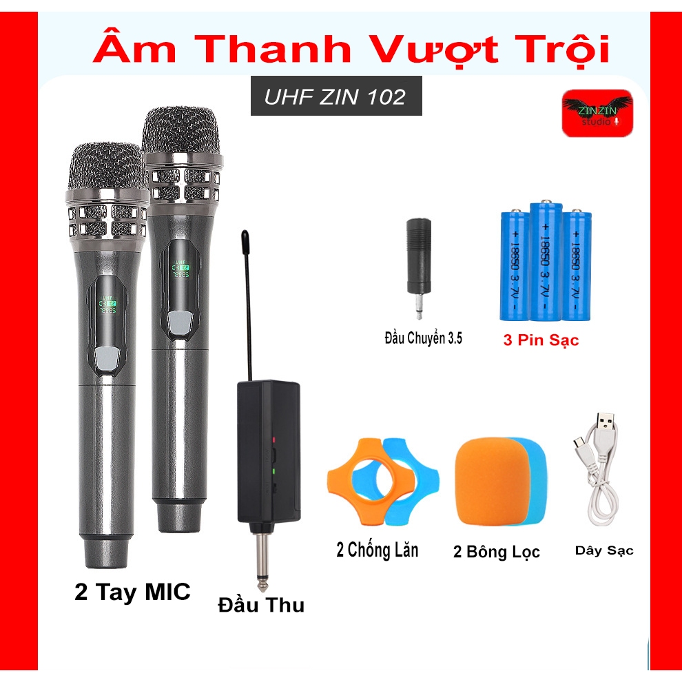 Bộ  Micro Không Dây Karaoke UHF ZIN 102 Cao Cấp, Âm Thanh Vượt Trội , Chi Tiết , Độ Nhạy Cao .