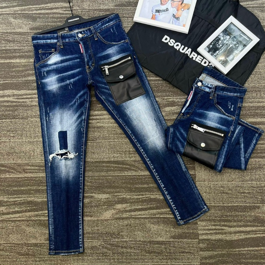 Quần Jean Nam DSQ Xanh Wash Bạc Họa Tiết Túi Da Đùi Trước Mẫu Mới Siêu Cấp Quần Bò Nam Chất Liệu Dehim Có Giãn Nhẹ