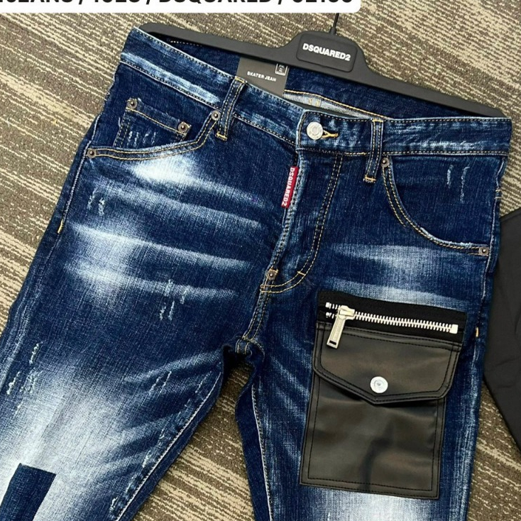 Quần Jean Nam DSQ Xanh Wash Sáng Họa tiết Túi Da Trước Siêu Hot Quần Bò Nam 4 Khuy Cao Cấp