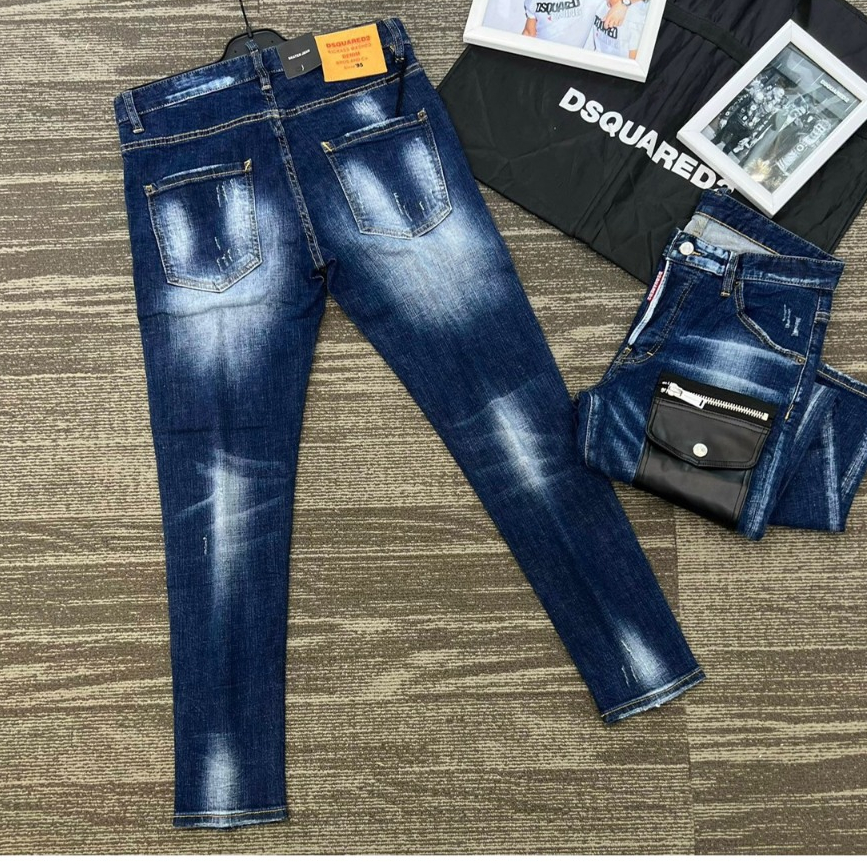 Quần Jean Nam DSQ Xanh Wash Sáng Họa tiết Túi Da Trước Siêu Hot Quần Bò Nam 4 Khuy Cao Cấp