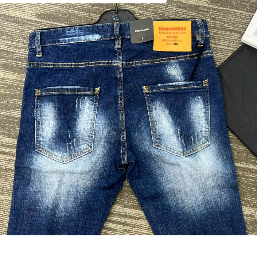 Quần Jean Nam DSQ Xanh Wash Sáng Họa tiết Túi Da Trước Siêu Hot Quần Bò Nam 4 Khuy Cao Cấp