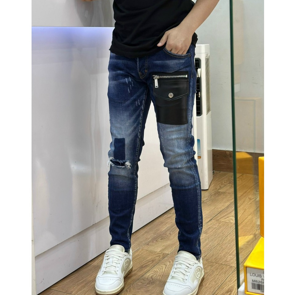Quần Jean Nam DSQ Xanh Wash Sáng Họa tiết Túi Da Trước Siêu Hot Quần Bò Nam 4 Khuy Cao Cấp
