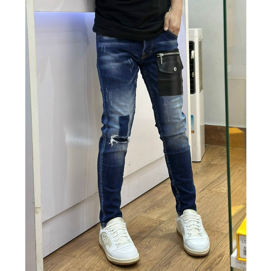 Quần Jean Nam DSQ Xanh Wash Sáng Họa tiết Túi Da Trước Siêu Hot Quần Bò Nam 4 Khuy Cao Cấp