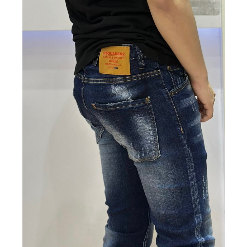 Quần Jean Nam DSQ Xanh Wash Sáng Họa tiết Túi Da Trước Siêu Hot Quần Bò Nam 4 Khuy Cao Cấp