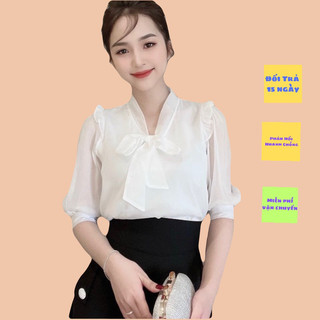 [ Loại 1] Áo sơ mi nữ kiểu cổ thắt nơ trẻ trung, Chất lụa phối, tay áo lỡ đẹp
