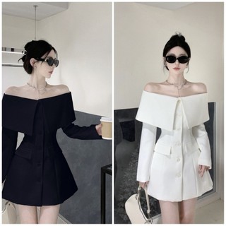 Váy trễ vai dạ tweed 2 lớp 2 màu đen, trắng đính khuy đơn giản lên dáng cực xinh lollaye