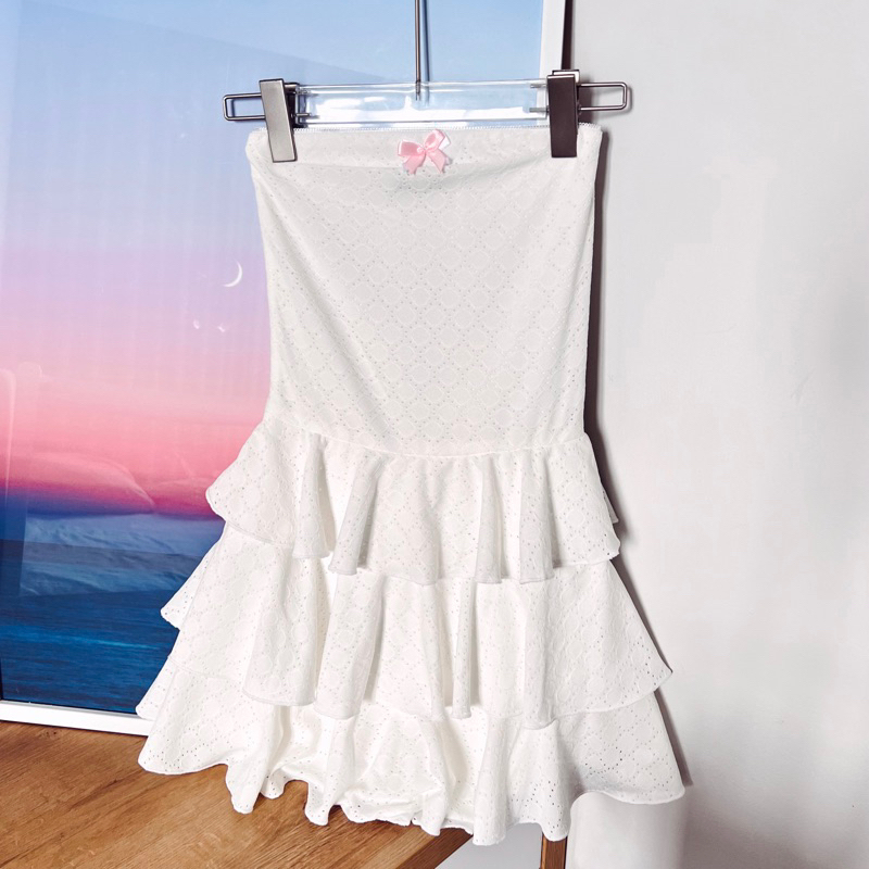 Đầm ống đính nơ bèo tầng  dáng ngắn ôm body màu pastel