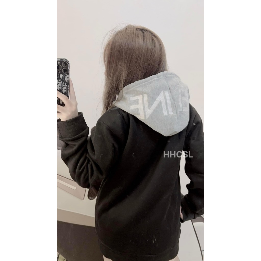 Áo Hoodie , Áo Hoodie Celinee Họa Tiết In Mũ Xám Phối Đen Chất Nỉ Bông Kiểu Dáng Unisex Nam Nữ