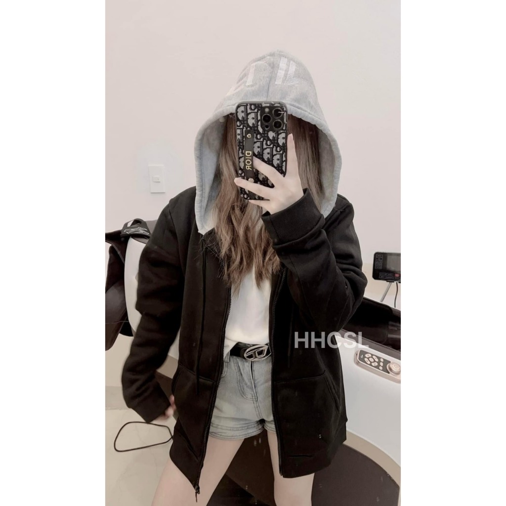Áo Hoodie , Áo Hoodie Celinee Họa Tiết In Mũ Xám Phối Đen Chất Nỉ Bông Kiểu Dáng Unisex Nam Nữ