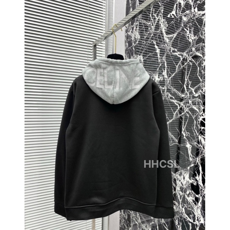 Áo Hoodie , Áo Hoodie Celinee Họa Tiết In Mũ Xám Phối Đen Chất Nỉ Bông Kiểu Dáng Unisex Nam Nữ