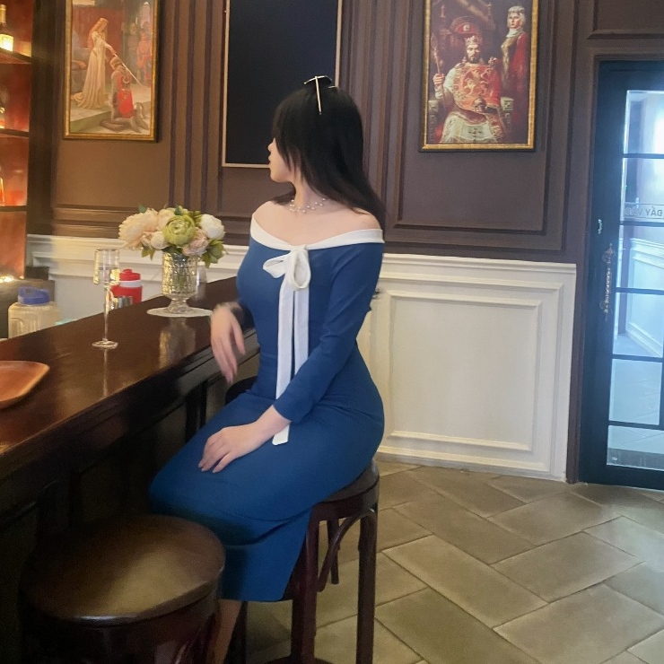 LONA DRESS_ĐẦM BODY ELE BẸT VAI PHỐI VIỀN NƠ TRẮNG XINH XẮN
