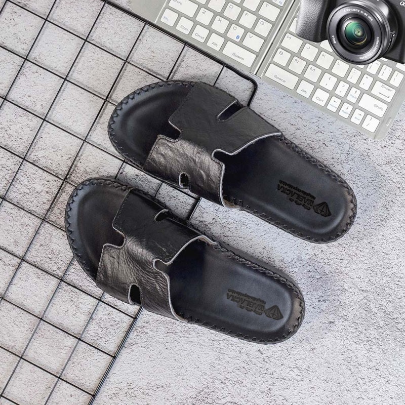 Dép nam quai ngang da bò cao cấp D79 may đế thủ công cao 2.5CM